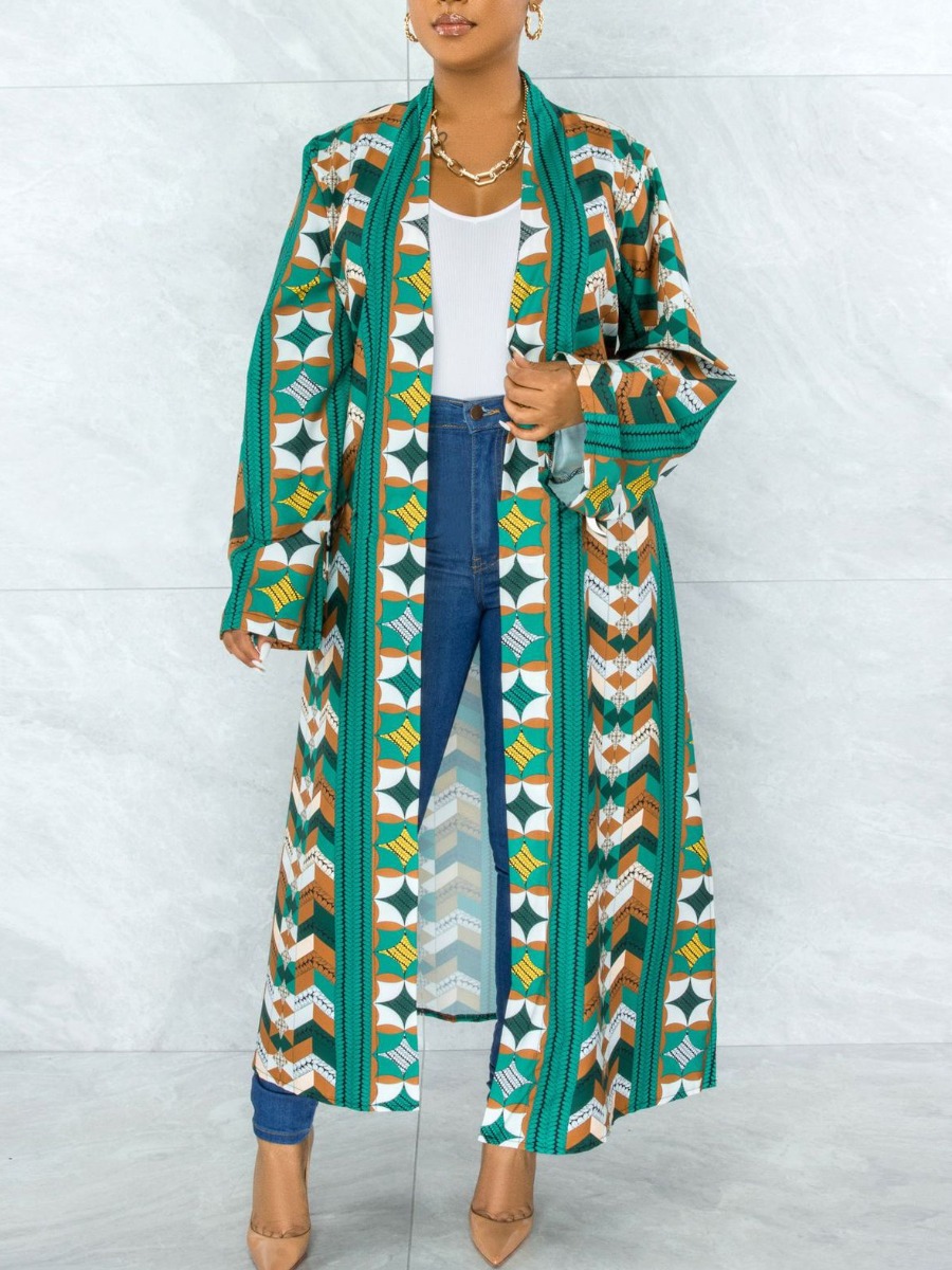 

LW Geometric Print Open Front Oversized Coat, Green