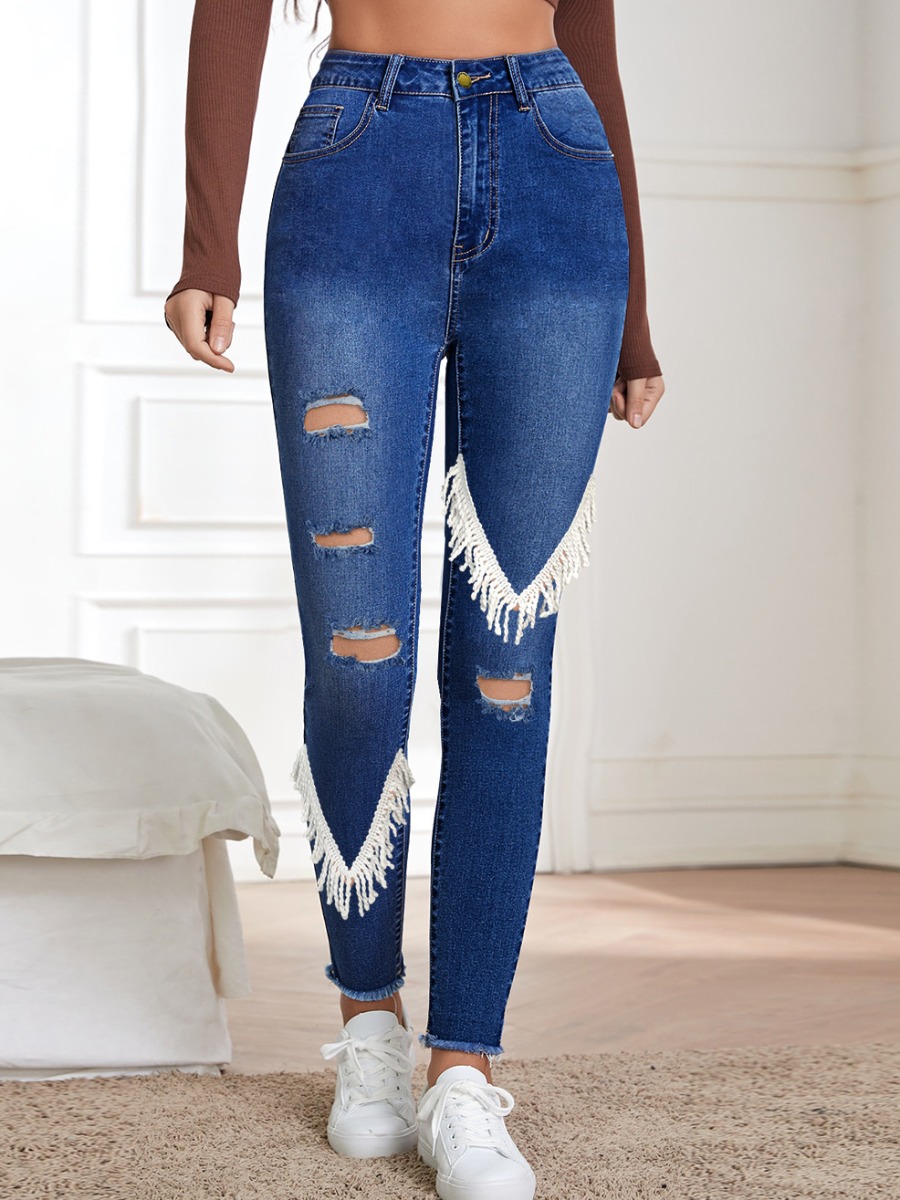 

LW Tassel Design Ripped Skinny Jeans, Deep blue