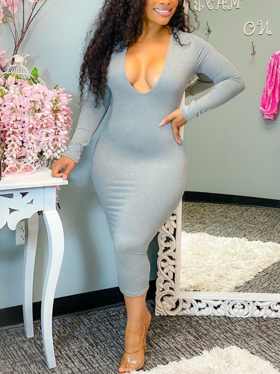

LW BASICS Milk Fiber Solid Bodycon Dress, Grey