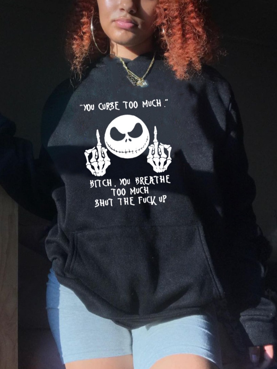 

LW Letter Skull Print Pocket Design Hoodie, Black