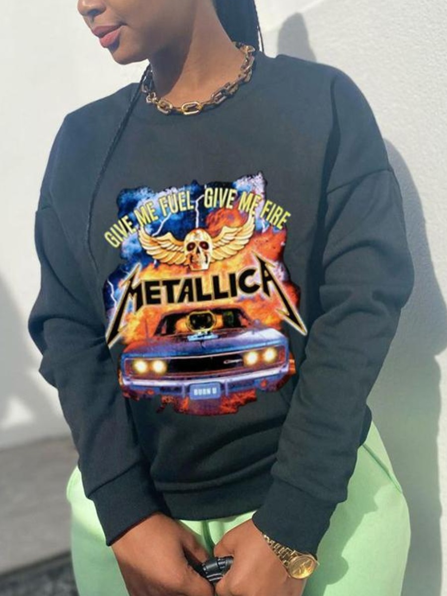 

LW Letter Skull Print Sweatshirt, Black