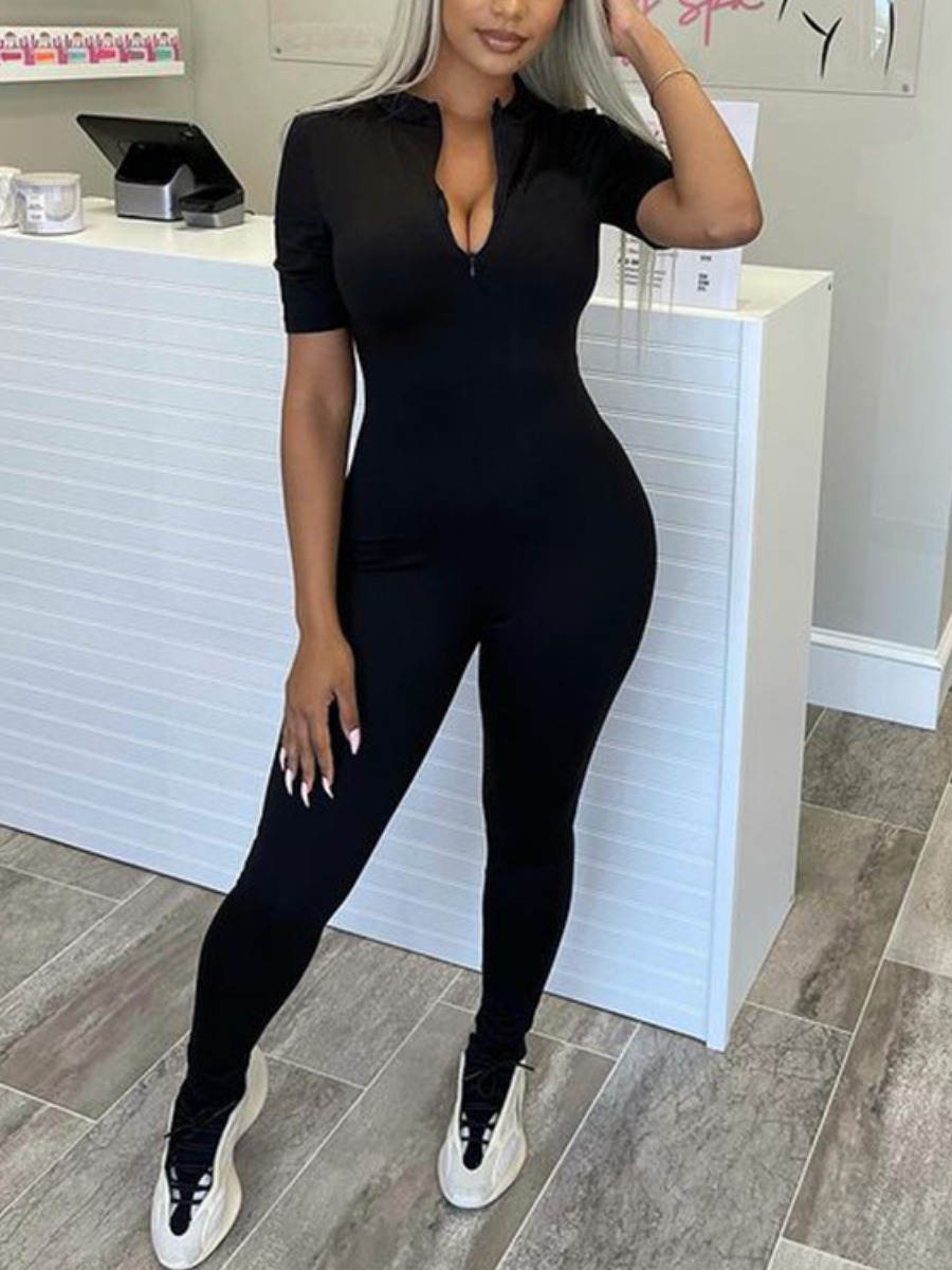 

LW Zipper Design Basic Skinny Jumpsuit, Black