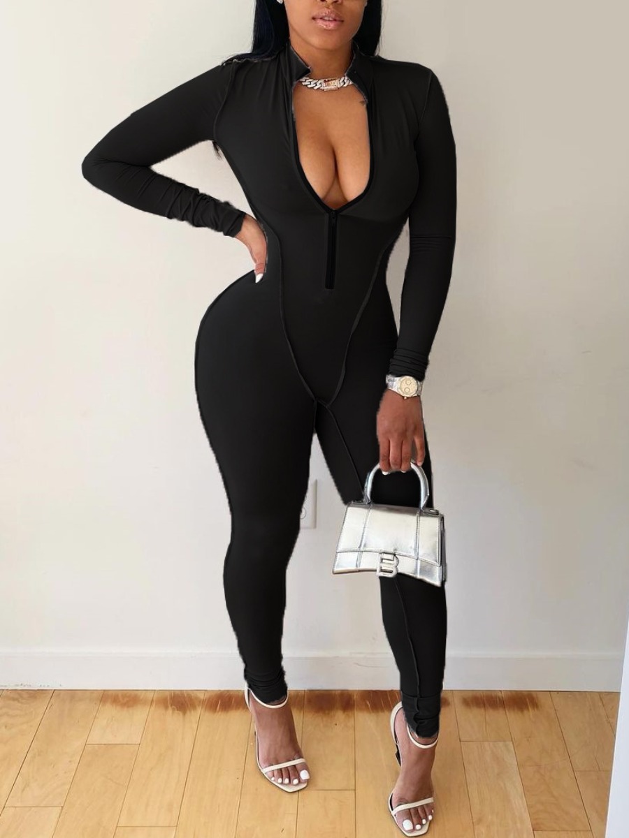 

LW SXY Zipper Design Basic Skinny Jumpsuit, Black