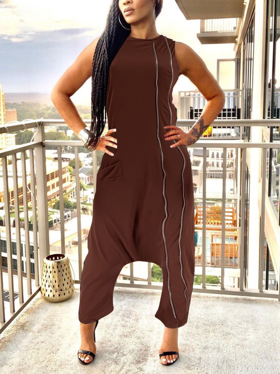 

LW Pocket Design Striped Baggy Jumpsuit, Brown
