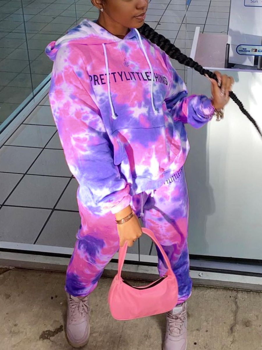 

LW Sweat Pullover Letter Print Tie Dye Pants Set, Pink