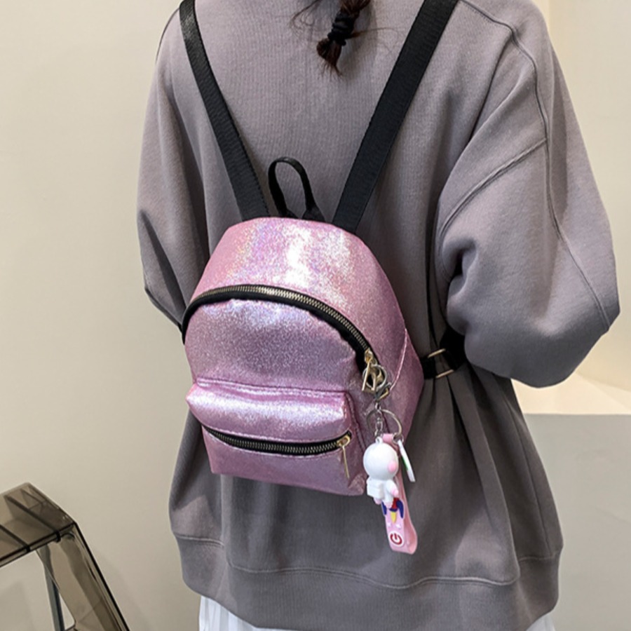 

LW Sequined Zipper Design Solid Backpack, Pink