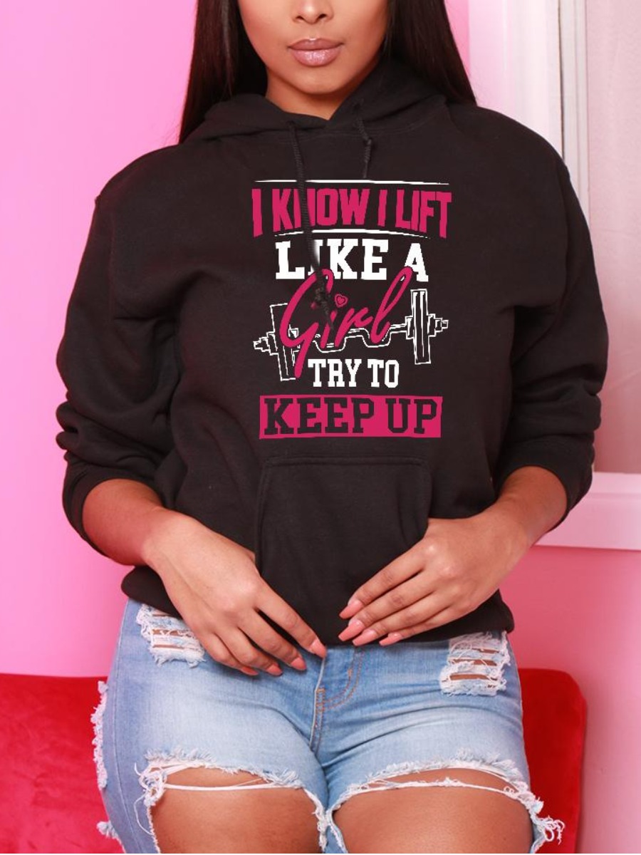 

LW Letter Print Pocket Design Pullover Hoodie, Black