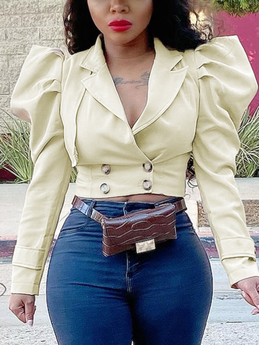 

LW Puff Sleeve Button Design Blazer, Cream-colored