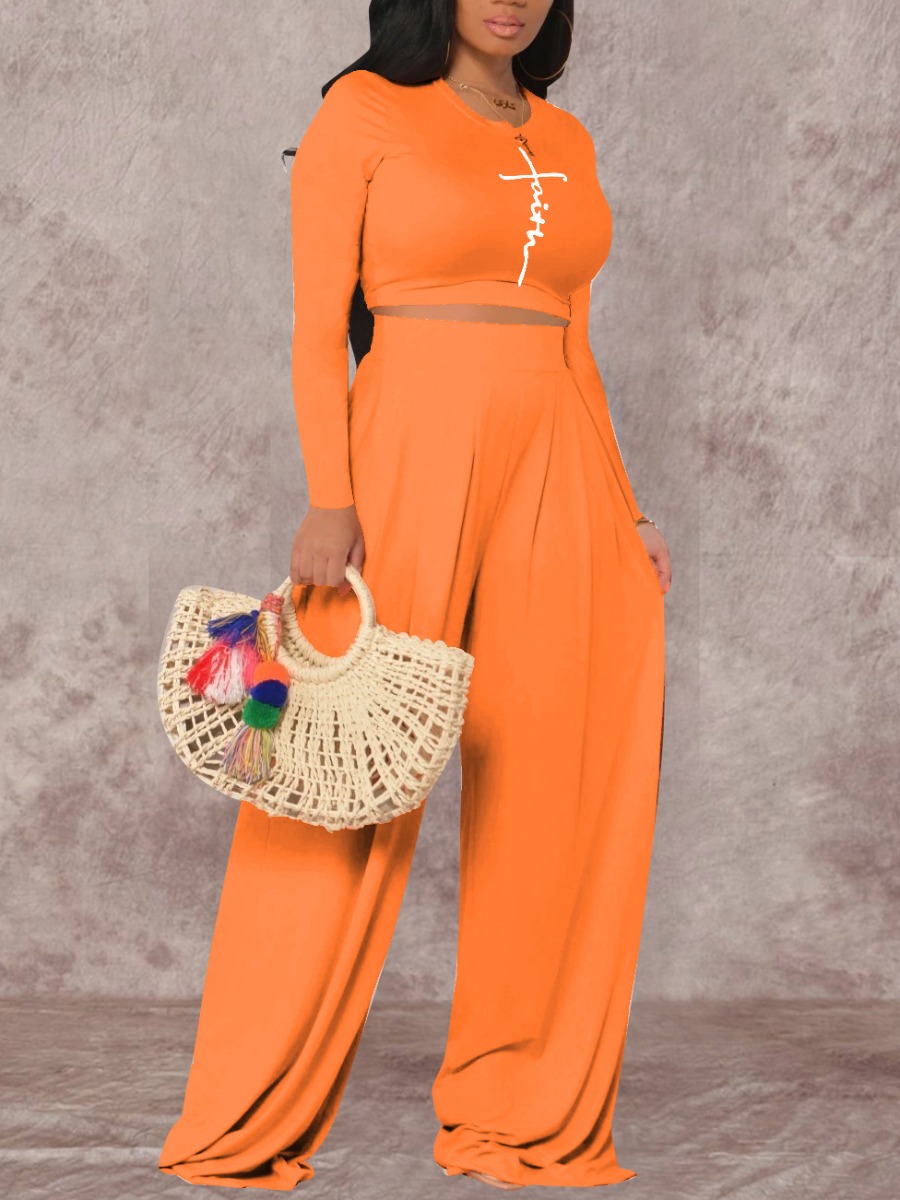 

LW Letter Print Cropped Wide Leg Pants Set, Orange