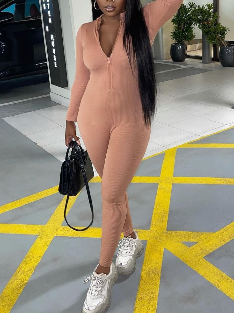 

LW BASICS Rib Knit Zipper Design Jumpsuit, Pink
