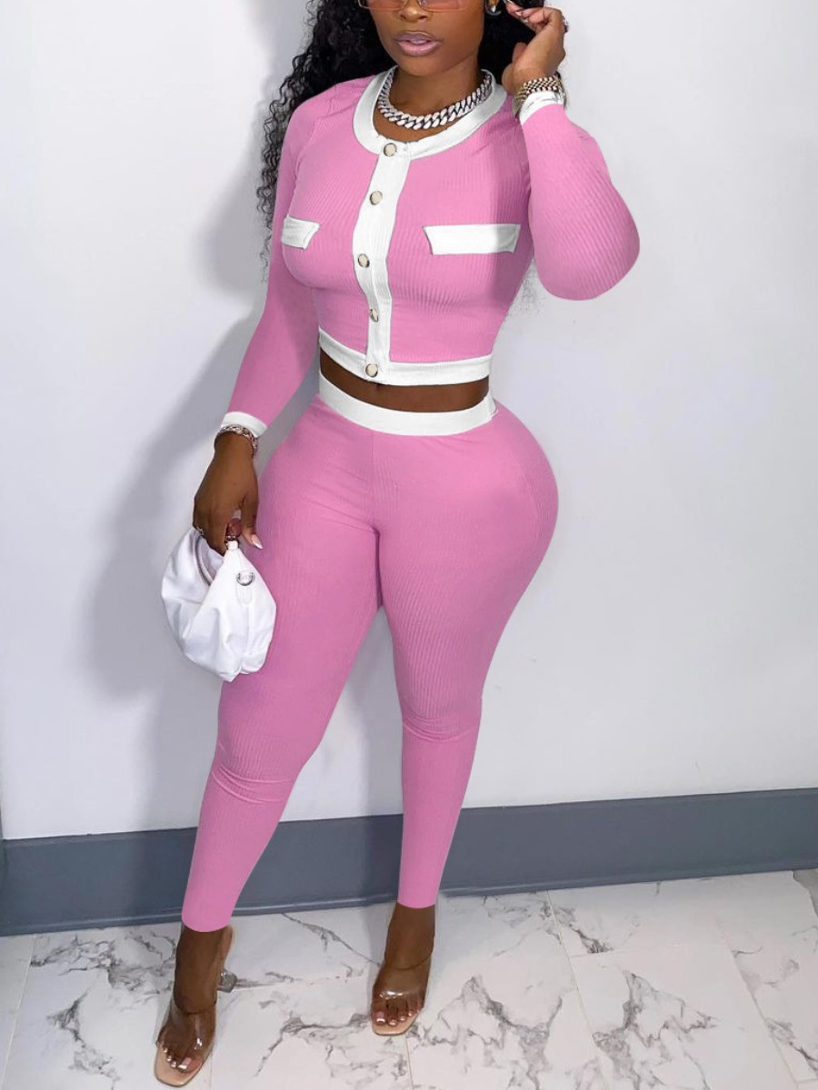 

LW Button Design Crop Top Pants Set, Pink