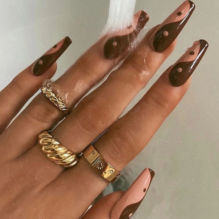 

LW 24pcs Yin And Yang Pattern Geometric Fake Nail, Brown