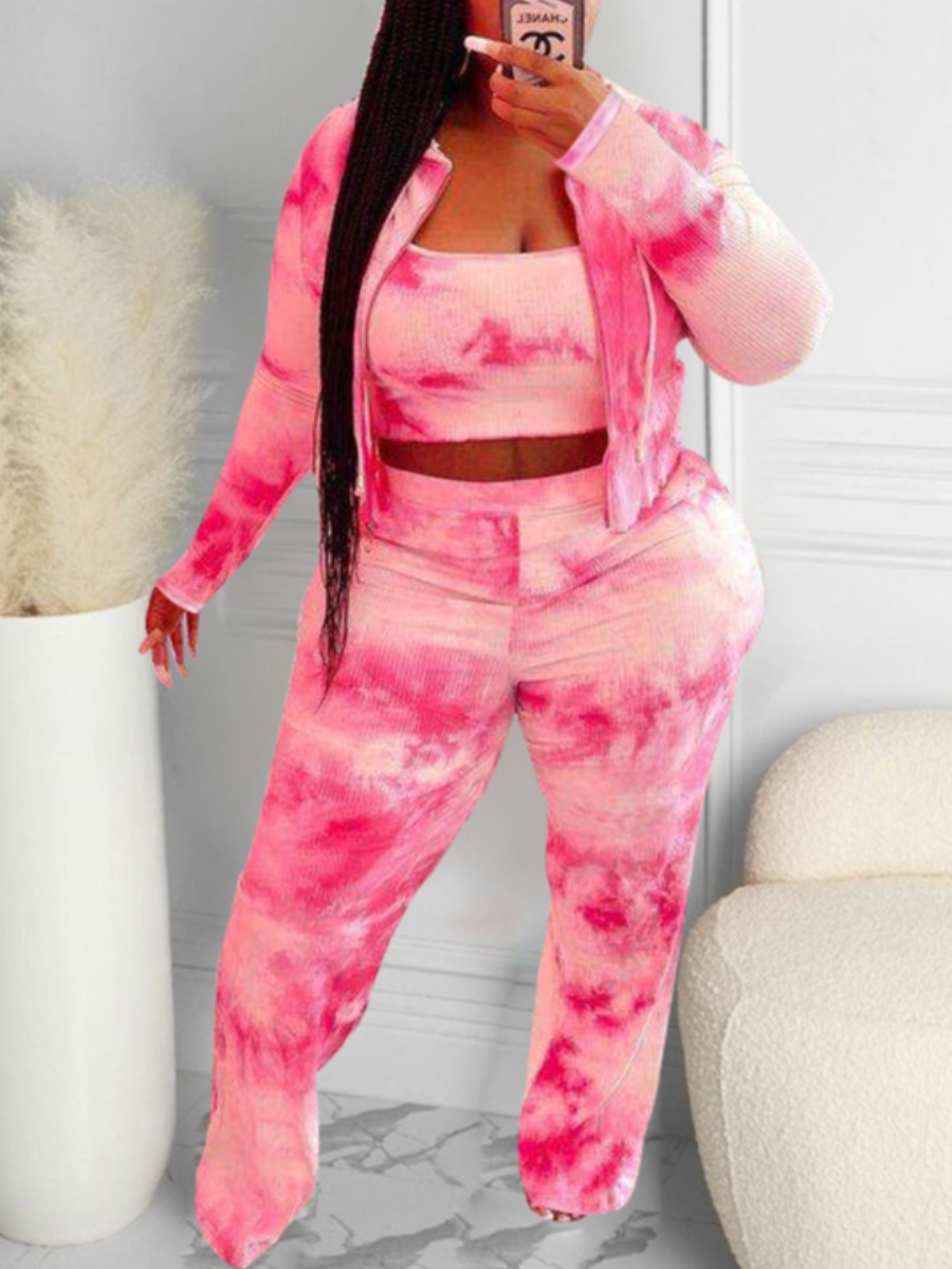 

LW Plus Size Rib Knit Tie Dye Three-piece Pants Set, Pink