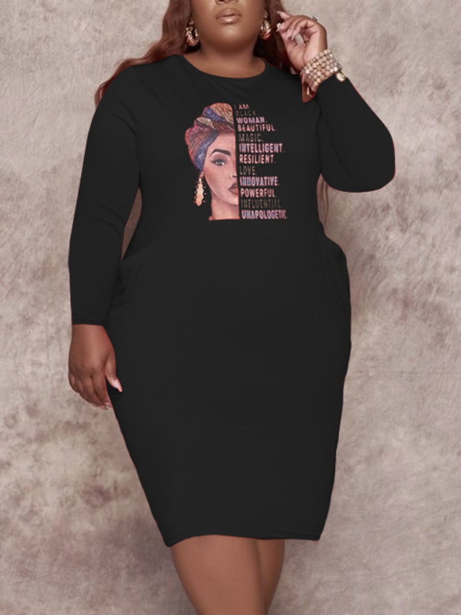 

LW Plus Size Figure Letter Print Bodycon Dress, Black