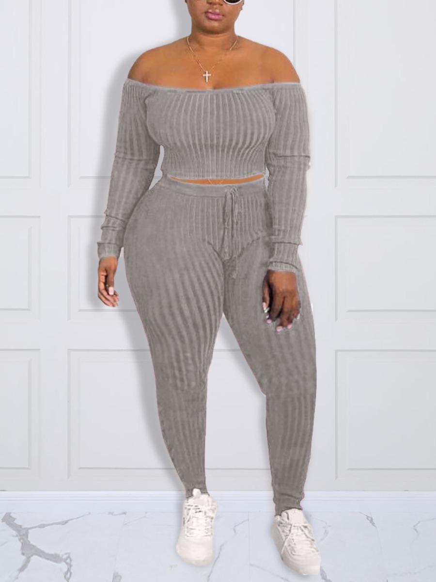 

LW Plus Size Velvet Rib Knit Bandage Basic Pants Set, Grey