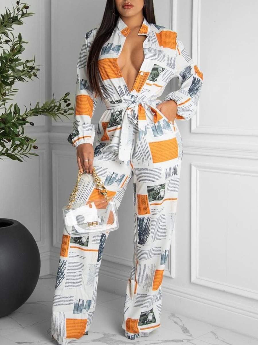 

LW Letter Print Pocket Design Belted Jumpsuit, White