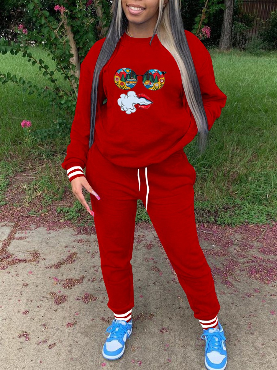 LW Cartoon Print Drawstring Striped Pants Set