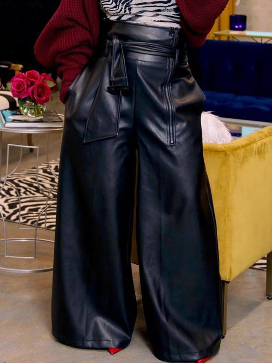 

LW Leather High Rise Bandage Zipper Design Pants, Black