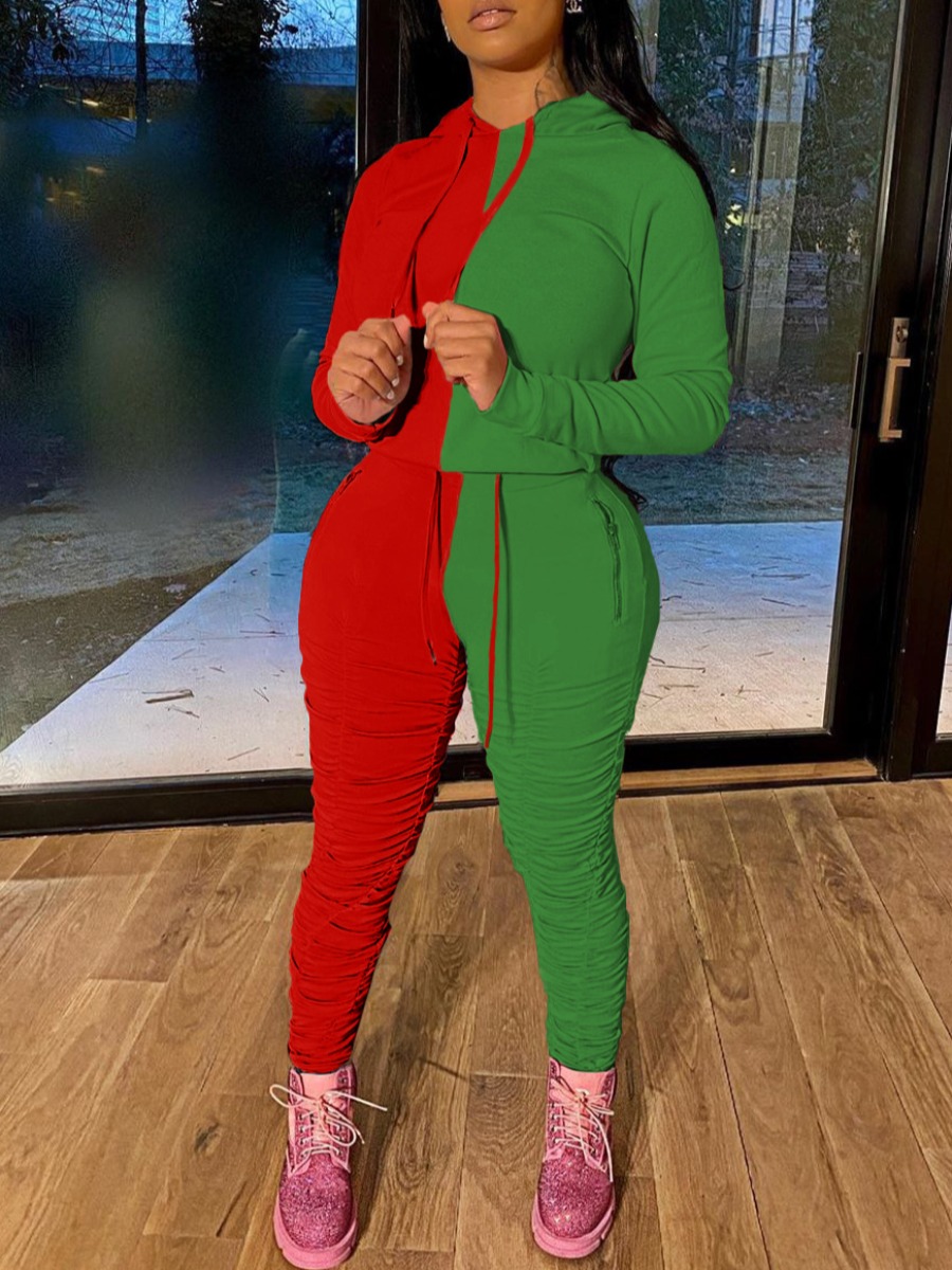 LovelyWholesale Ruched Color-lump Patchwork Tracksuit Set Fall Long Sleeve Casual Ruched Hooded Collar Spring Summer 2024