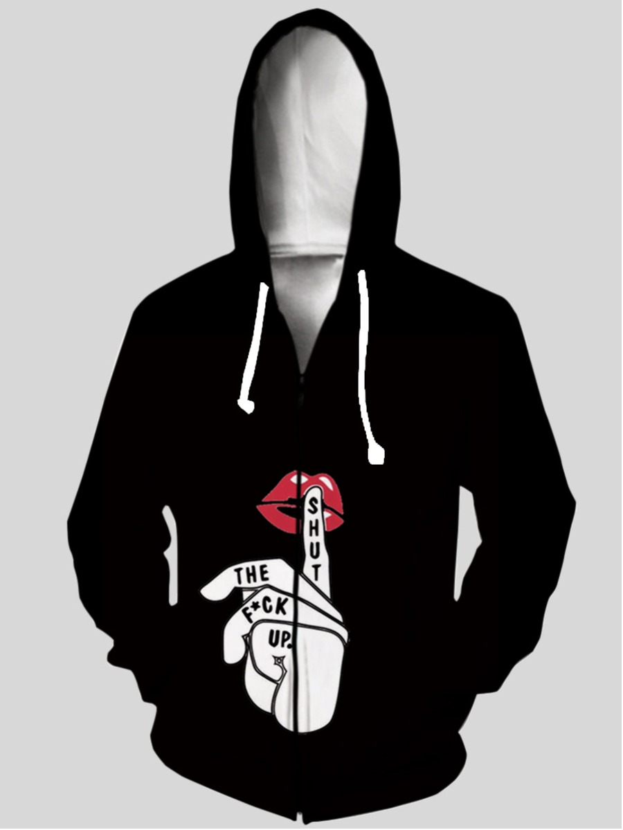 

LW Men Letter Lip Print Pocket Hoodie, Black
