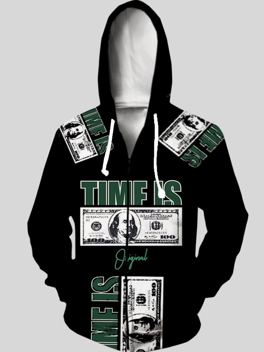 

LW Men Money Letter Print Pocket Hoodie, Black