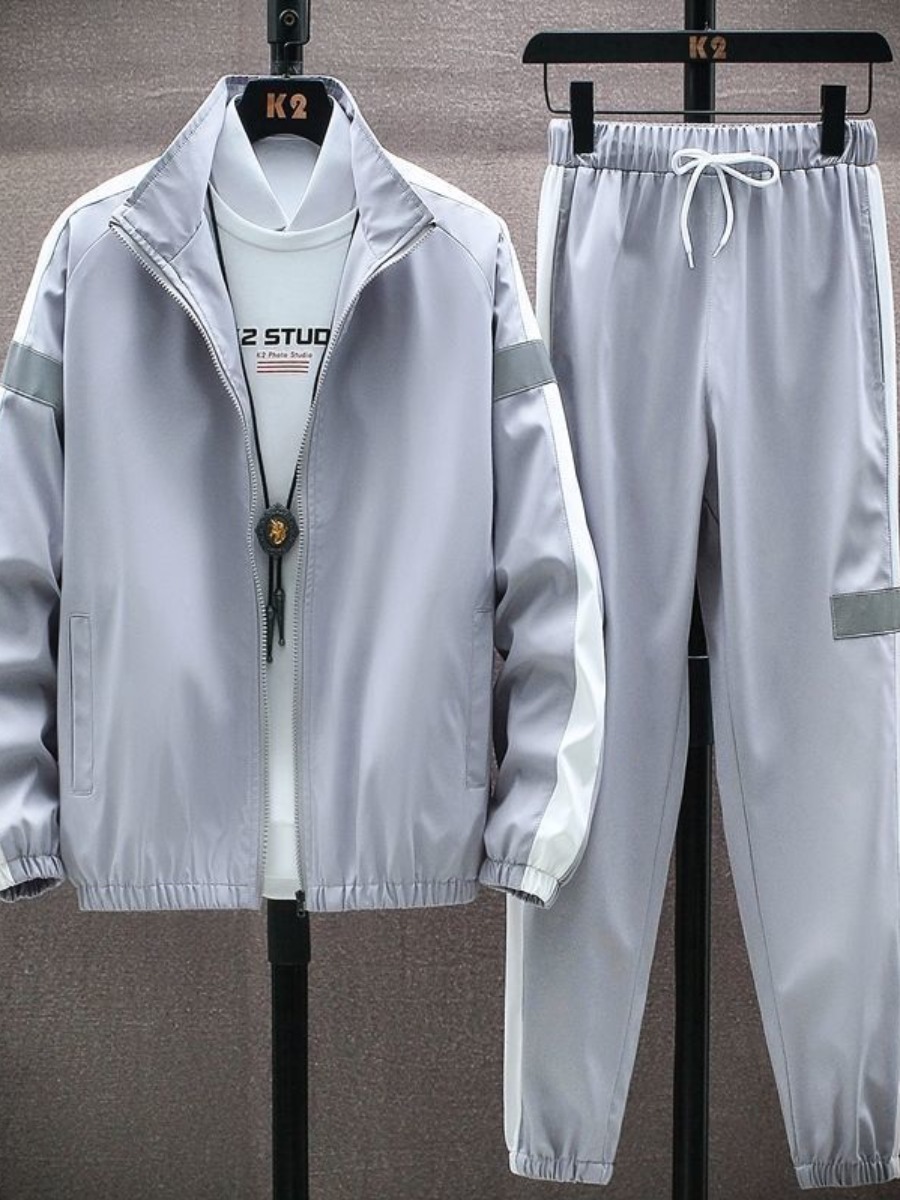 

LW BASICS Men Striped Drawstring Tracksuit Set, Grey
