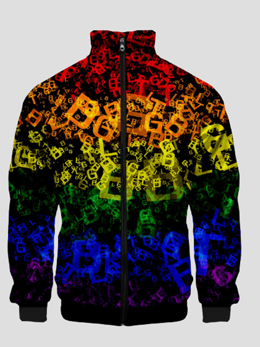 

LW Men Rainbow Letter Print Zipper Design Jacket, Multi
