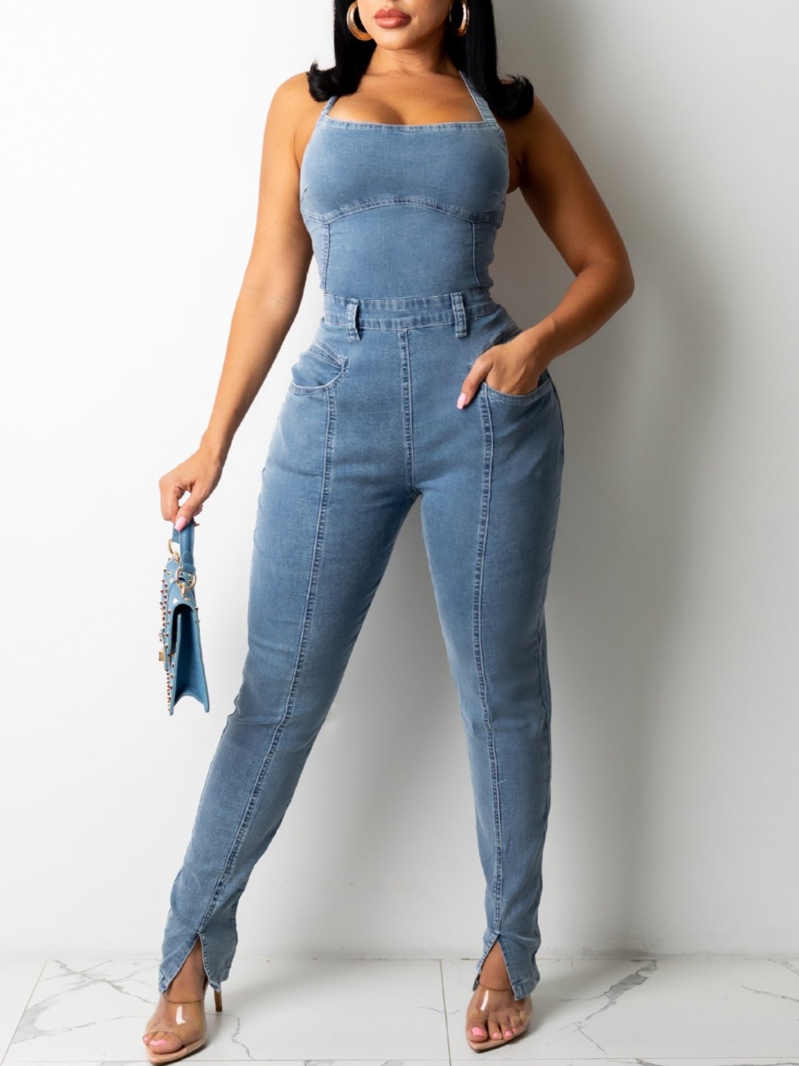 

LW Criss Cross Bandage Denim Jumpsuit, Grey