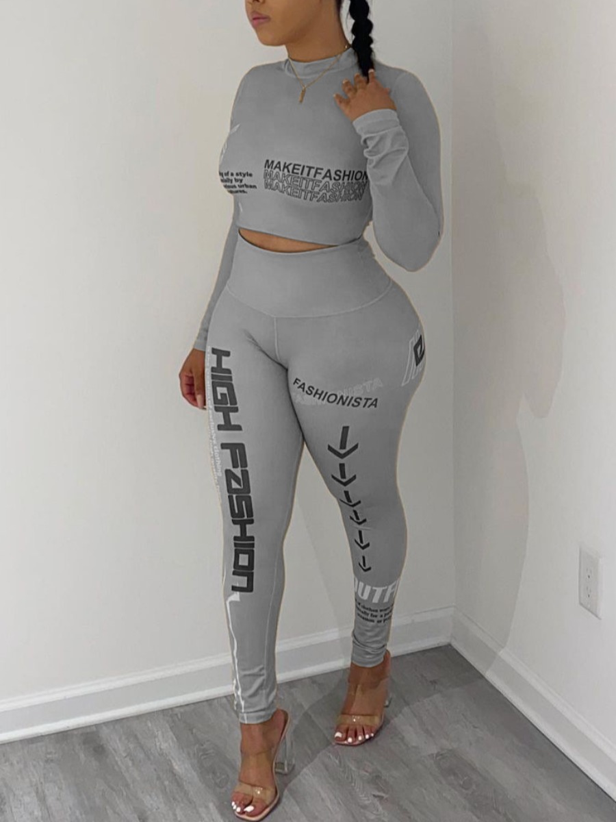 

LW BASICS Letter Print Crop Top Pants Set, Grey