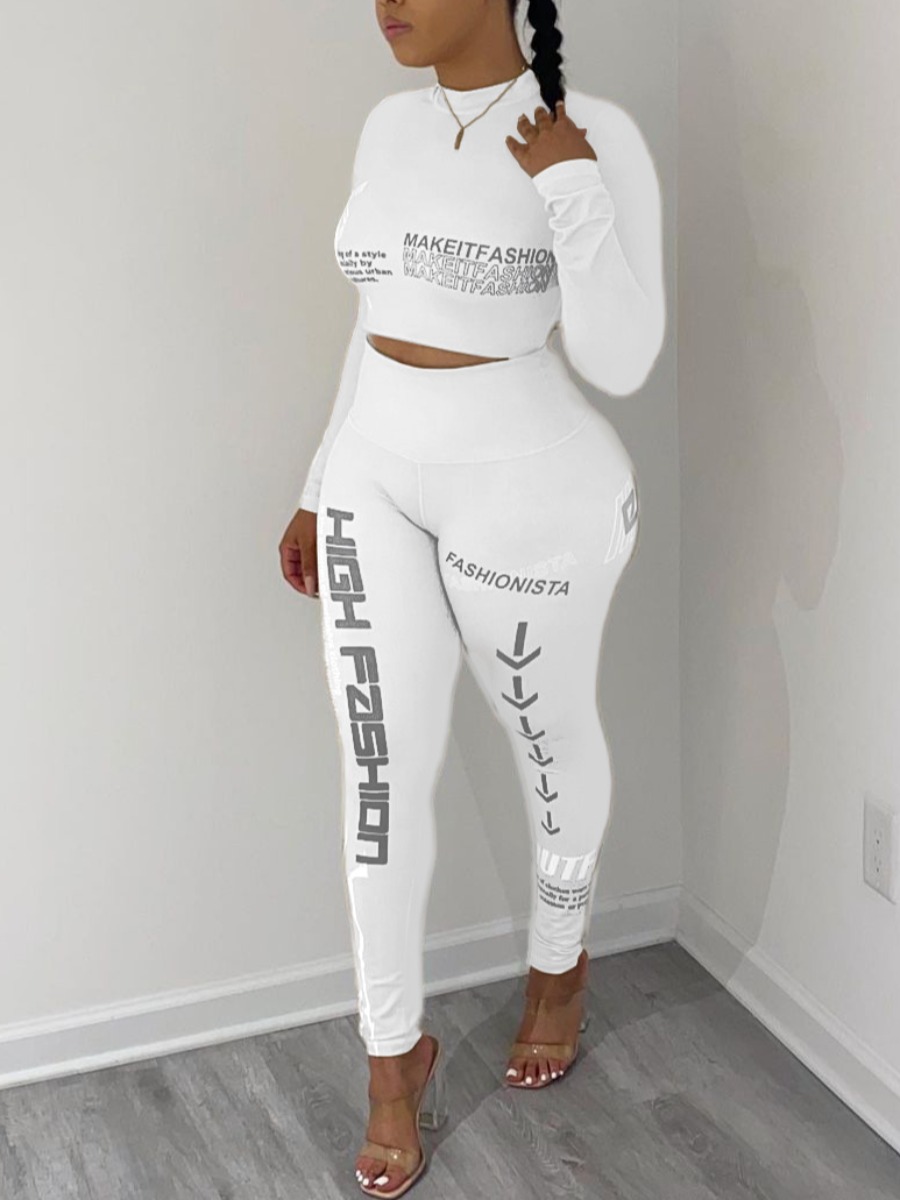 

LW BASICS Letter Print Crop Top Pants Set, White
