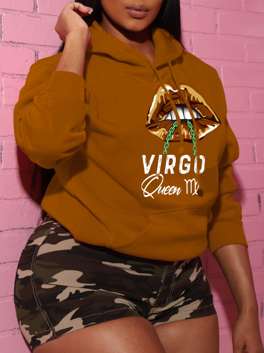 

LW Plus Size Lip Letter Print Hoodie, Khaki