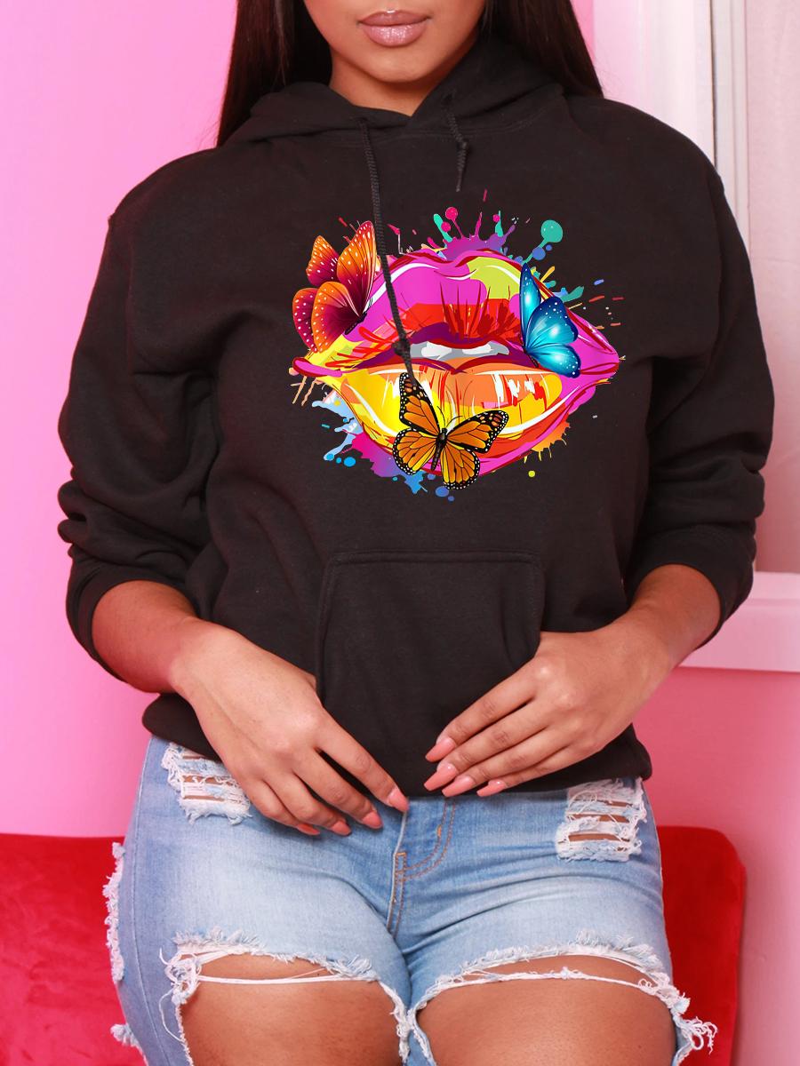

LW Plus Size Lip Print Kangaroo Pocket Hoodie, Black