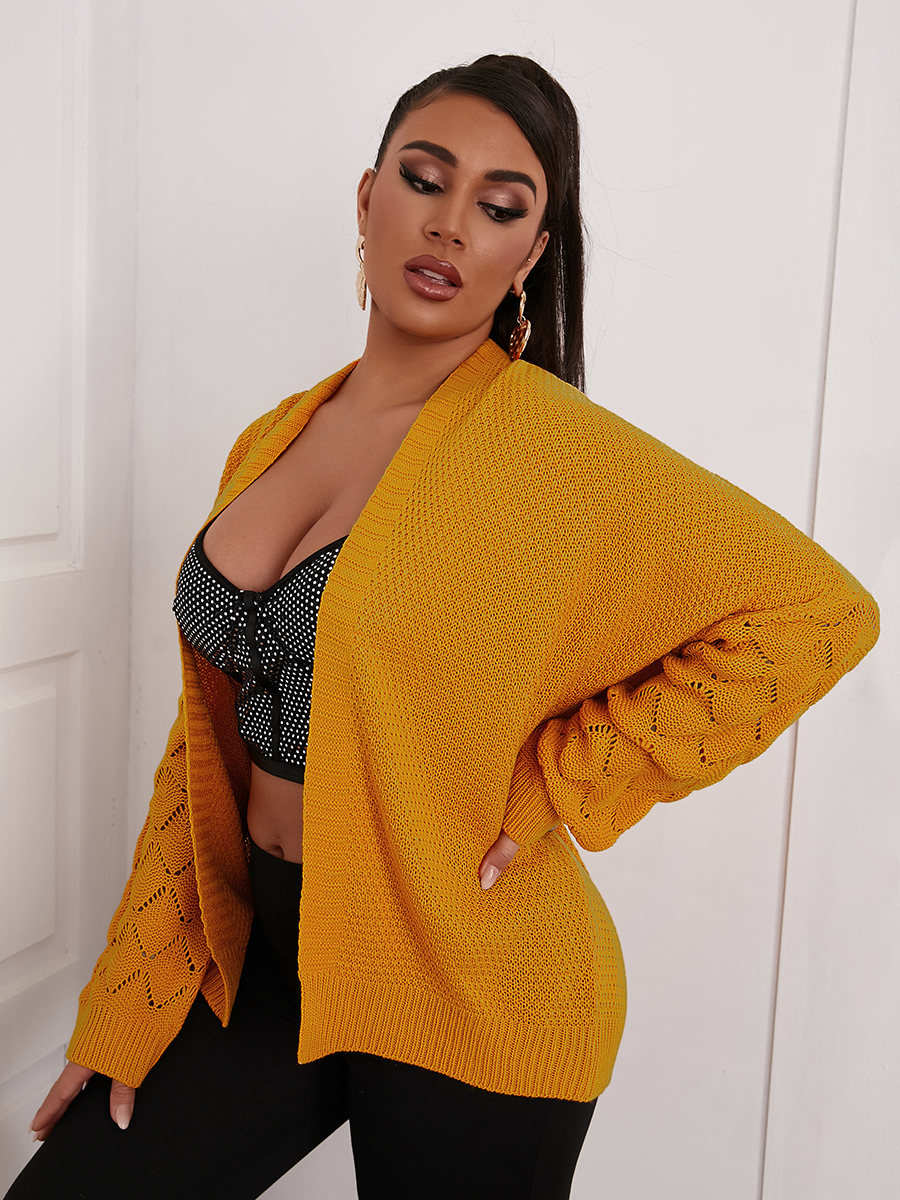 

LW Solid Hollow-out Design Cardigan, Yellow