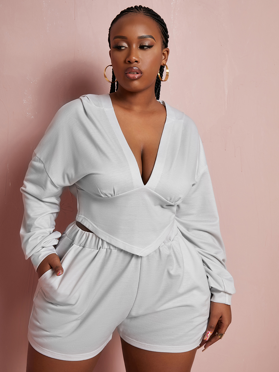 

LW Plus Size Hooded Collar Regular Fit Shorts Set, Light grey