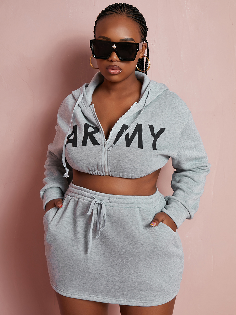 

LW Plus Size Letter Drawstring Skirt Set, Grey