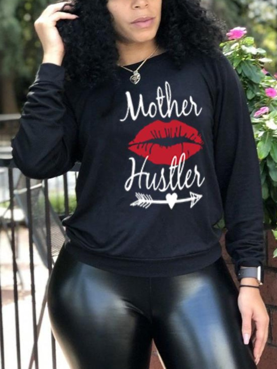 

LW BASICS Round Neck Lip Letter Print Sweatshirt, Black