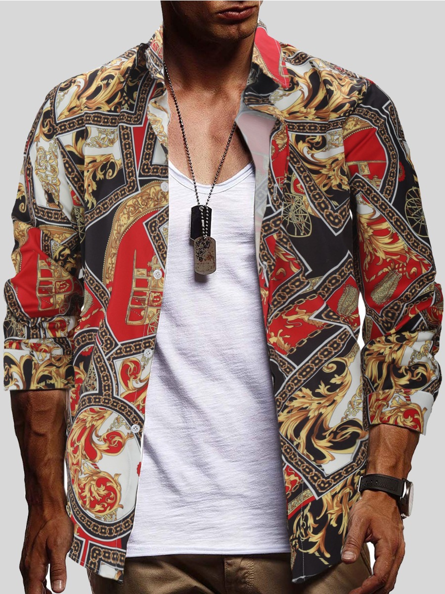 

LW Men Turndown Collar Chain Print Shirt, Multi