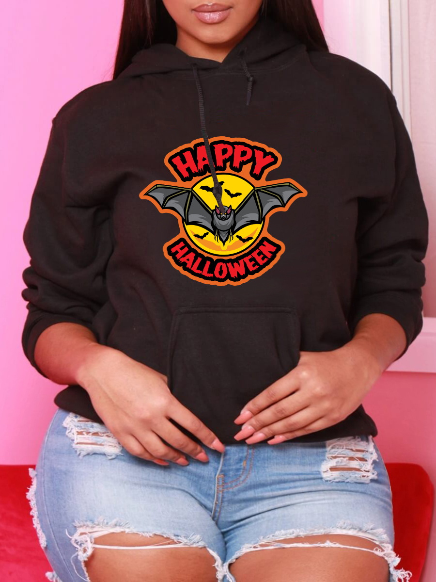 

LW Plus Size Letter Print Kangaroo Pocket Hoodie, Black