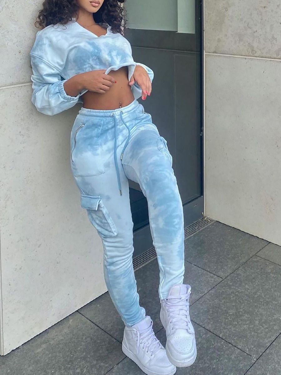 

LW Tie Dye Pocket Crop Top Tracksuit Set, Blue