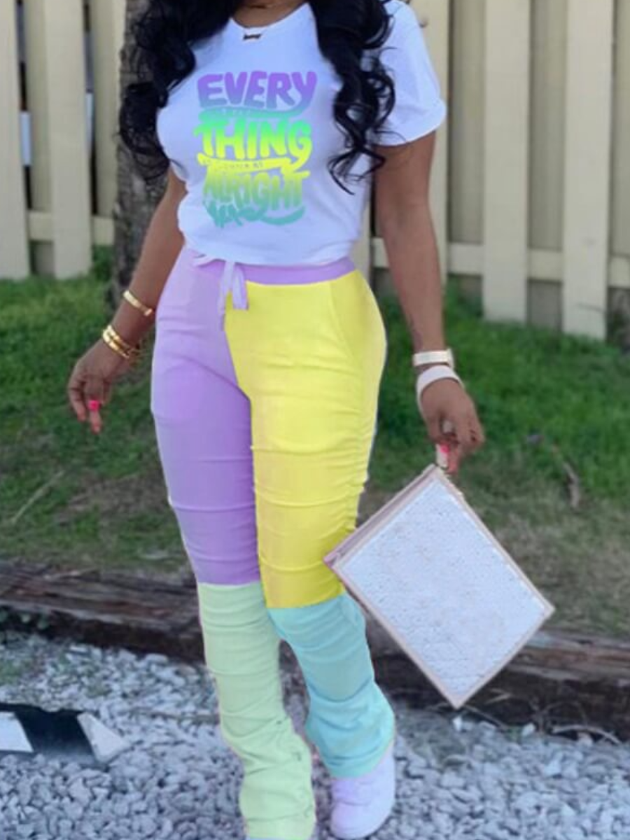 

LW Letter Print Patchwork Pants Set, Yellow