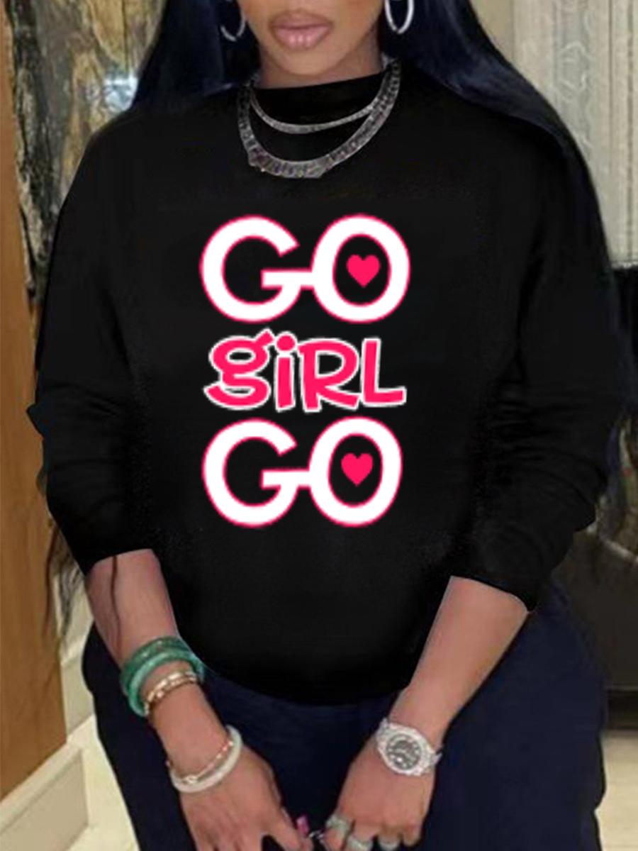 

LW Plus Size Casual Round Neck Letter Print Sweatshirt, Black