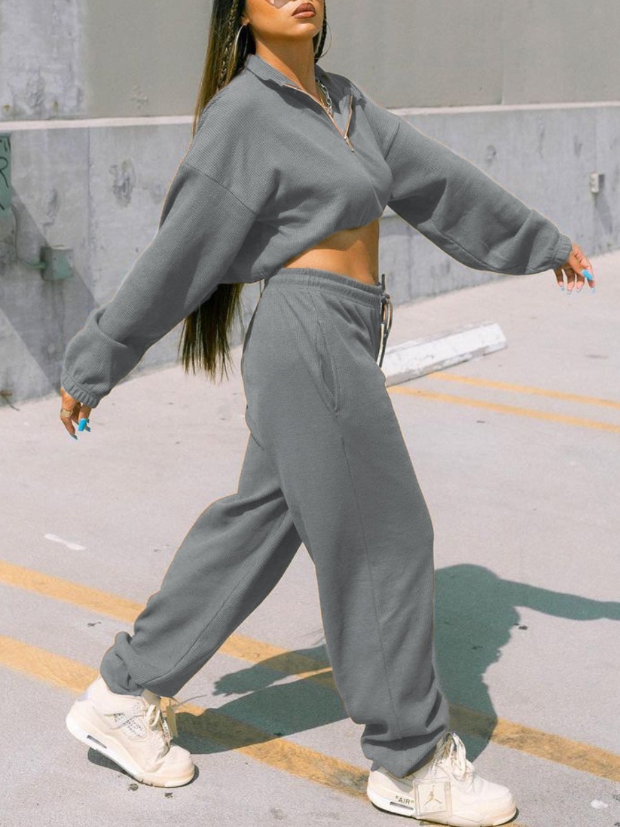 LW Casual Zipper Design Crop Top Basic Pants Set