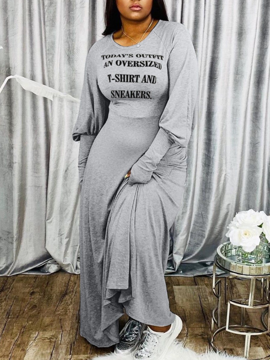 

LW Casual Letter Print Lantern Sleeve Dress, Grey