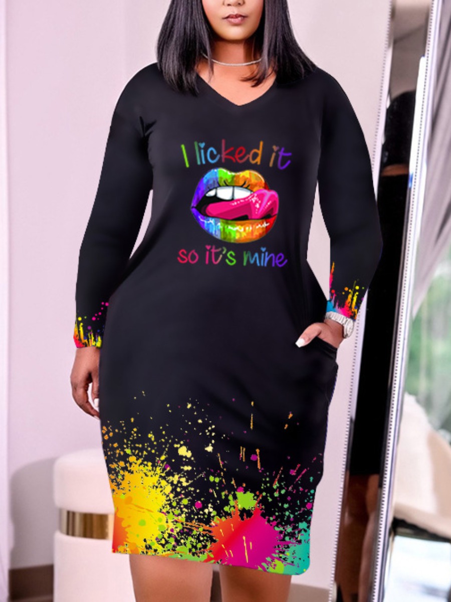

LW Casual Letter Lip Print Pocket Design Dress, Black