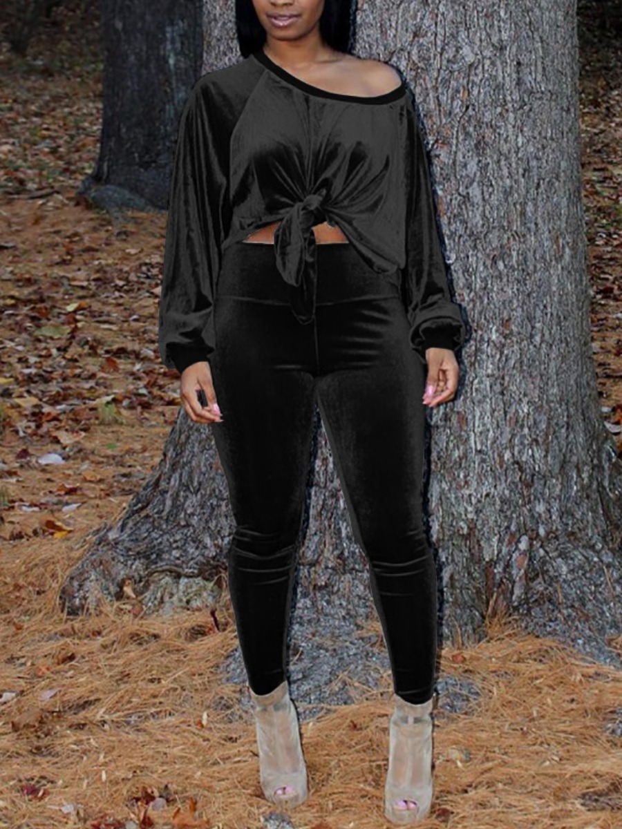 

LW Velvet One Shoulder Knotted Pants Set, Black