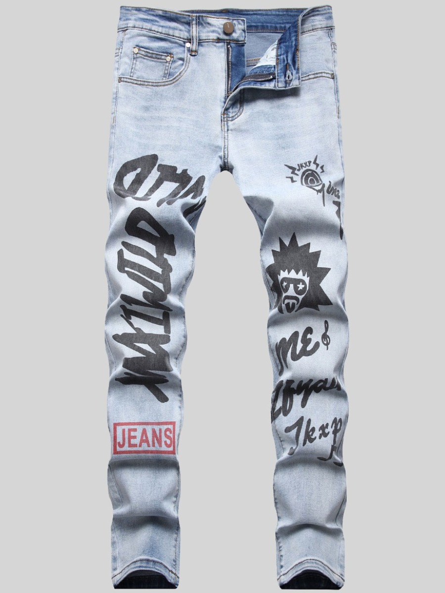 

LW Men Street Denim Mid Waist Letter Print Jeans, Baby blue