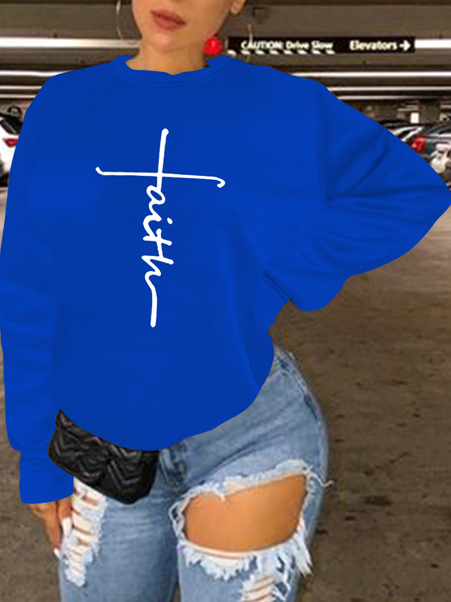 

LW BASICS Plus Size Casual Round Neck Letter Print Sweatshirt, Blue