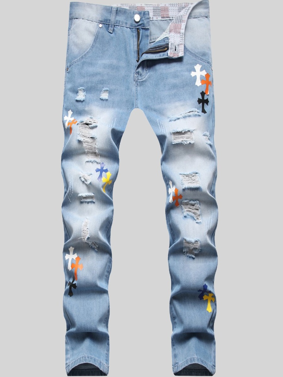 

LW Men Casual Ripped Gradient Print Denim Jeans (No Stretch), Blue