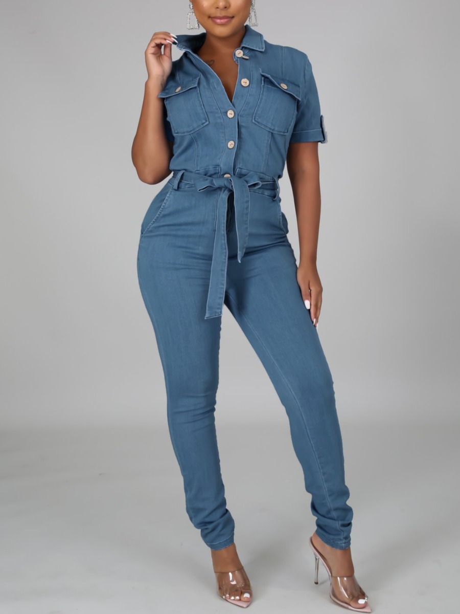 

LW Casual Button Bandage Design Denim Jumpsuit, Baby blue