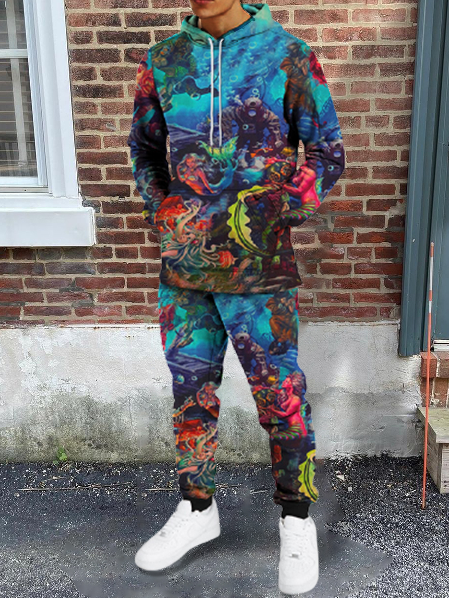 

LW Men Cartoon Print Pocket Design Tracksuit Set, Multi